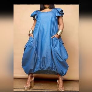 Blue Balloon Maxi Dress with Ruffle Sleeves Plus Size 4X / 24